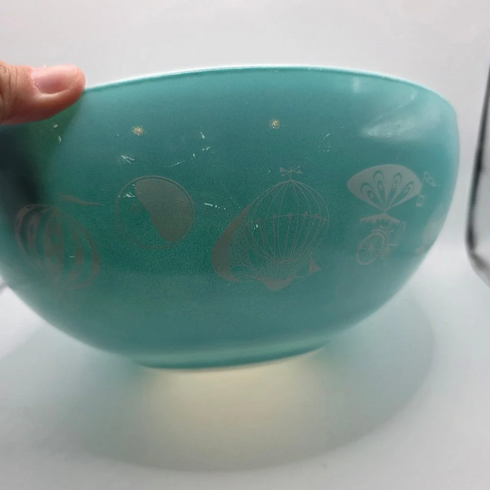 Vtg Pyrex 444 Hot Air Balloons Turquoise Cinderella Mixing Bowl 4 QT 1958 Promo
